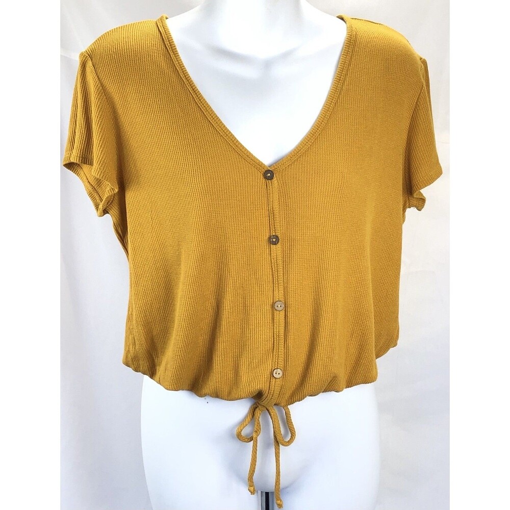 Vintage Top S gold V-neck Tie Waist  Ribbed Knit Cropped Henley Y2K preppy Cute